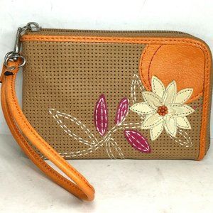 Fossil Tan Orange Multi Color Leather Flower Print Zip Pouch Wallet Bag